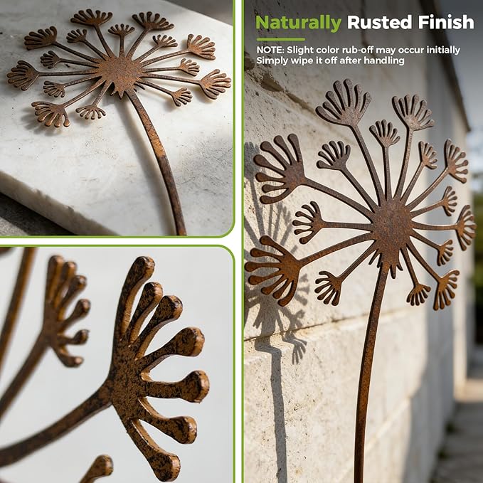 KODIBO 5-Pack Garden Stakes Decorative, Metal Dandelion Yard Stakes Outdoor Decor, Antique Rust Patina Yard Art, Rustic Garden Accents for Lawn, Border, Planters, Patio & Front Yard Landscaping