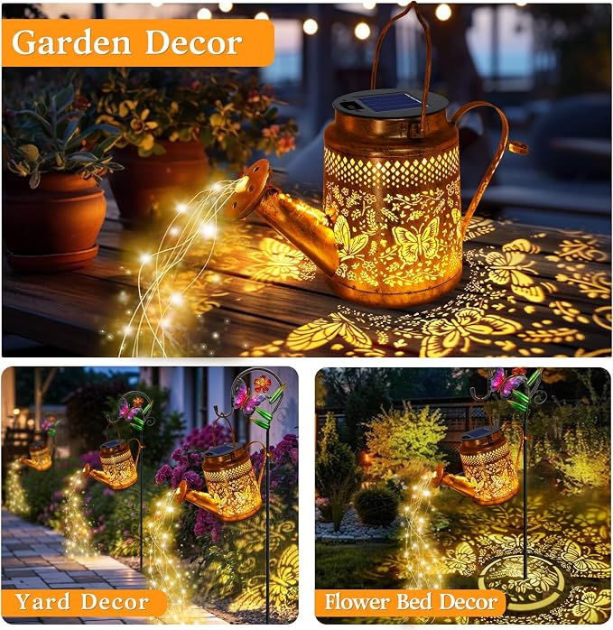 Big Solar Butterfly Watering Can Lights, Gift For Mom Grandma Women Wife Daughter Mother's Day, Waterproof Hanging Lantern Lights With Shepherd Hook, Outdoor Decor For Garden Patio Yard Porch Backyard