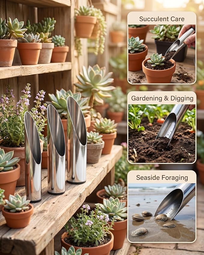 Stainless Steel Soil Scoops - 3-Piece Garden Scoop Set for Indoor Plants, Bonsai & Succulents, Multi-Size Plant Soil Shovel Kit for Transplanting, Potting & Material Handling
