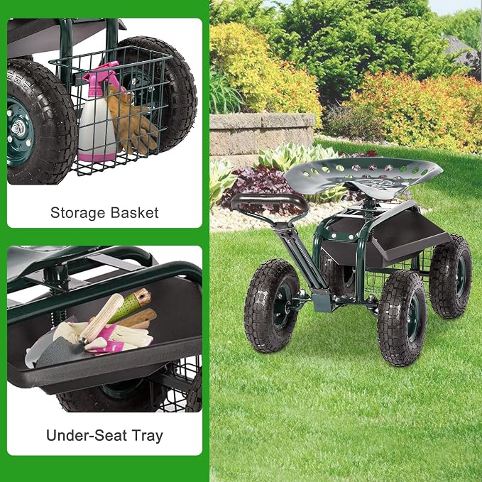kinbor Rolling Garden Scooter Garden Cart Seat with Wheels and Tool Tray, 360 Swivel Seat, Green