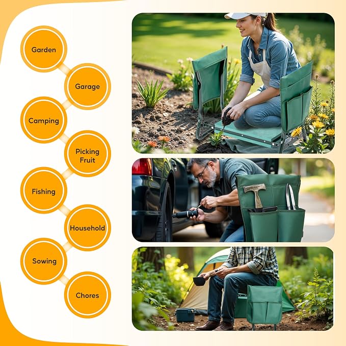 Simple Deluxe Garden Kneeler and Seat, Foldable Kneeling Stool with Thicker EVA Foam Pad, Heavy Duty Bench with Tool Pouch, Gifts for Outdoor Gardening, Fishing, Green, Arbor Day Gift
