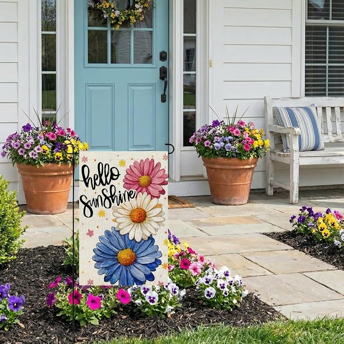 CROWNED BEAUTY Hello Sunshine Garden Flag Daisy Spring Summer 12x18 Inch Double Sided Small Seasonal Holiday Floral Farmhouse Decoration for Outside Yard