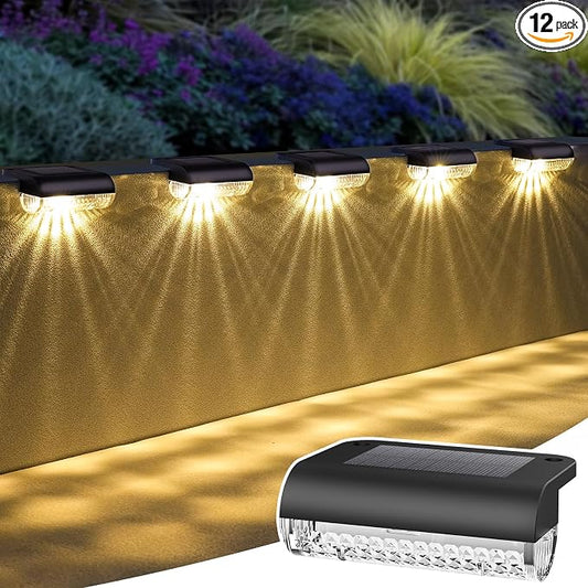 Herzila Solar Step Lights Outdoor, 12-Pack Solar Deck Lights for Stairs, Solar Fence Lights 3000K Warm White, Auto Dusk-to-Dawn, Weather Resistant Step Lights for Deck Railing Patio