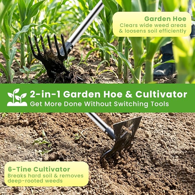 2 in 1 Garden Hoe for Weeding with Cultivator Rake, 57" Garden Weeders and Cultivators, Heavy Duty Hoe Garden Tool with Adjustable Long Handle, Manual Weed Tools for Gardening, Planting,Loosening Soil