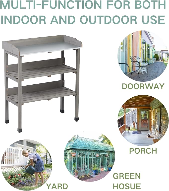 30" Outdoor Potting Bench Table with Metal Tabletop, Wooden Potting Table, 3 Tier Garden Work Bench Shelf with Hooks & Adjustable Feet for Patio Porch Balcony, Grey