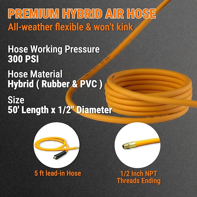 Retractable Air Hose Reel, 1/2" x 50FT Hybrid Air Hose, 300PSI Max, Auto-Rewind & Length-Lock, 1/2" NPT Fitting, Ceiling/Wall Mount Heavy Duty Single Arm Steel Reel for Workshop/Garage