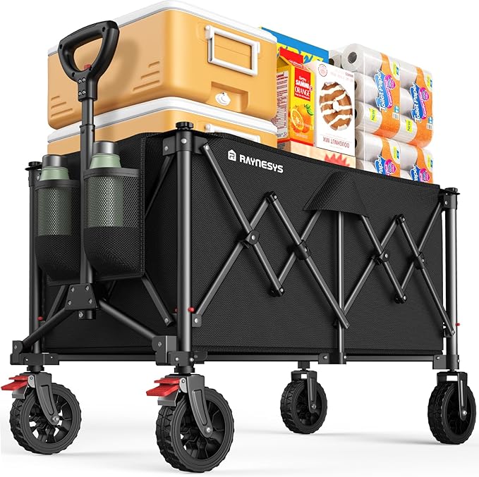 Collapsible Foldable Wagons with Wheels, 440lbs Capacity Wagons Carts Foldable, Utility Wagon Carts with Brakes for Grocery, Camping, Sports