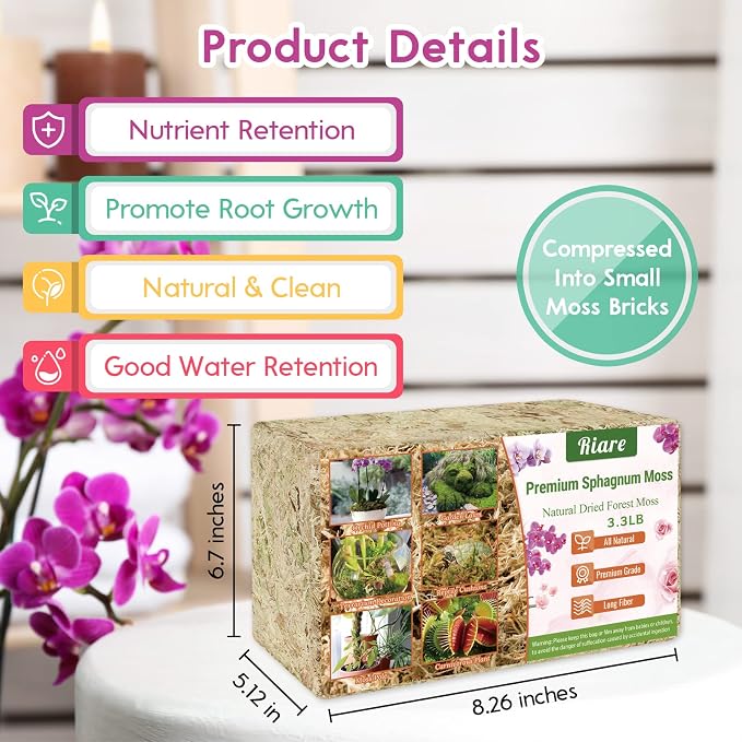 Riare 3.3 LB Premium Sphagnum Moss for Plants- 60QT Natural Long Fibered Sphagnum Peat Moss Plants Moss Dried, Carnivorous Plants Moss Orchid Potting Mix for Orchids, Carnivorous Plants, Succulent