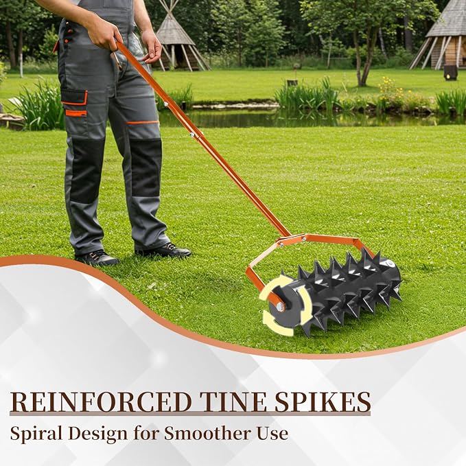 18in Rolling Lawn Aerator, Heavy Duty Manual Aerator Lawn Tool, Lawn Spike Aerator Roller with Adjustable Handle, Soil Penetrator Push Lawn Aeration for Garden Yard Patio (Orange)