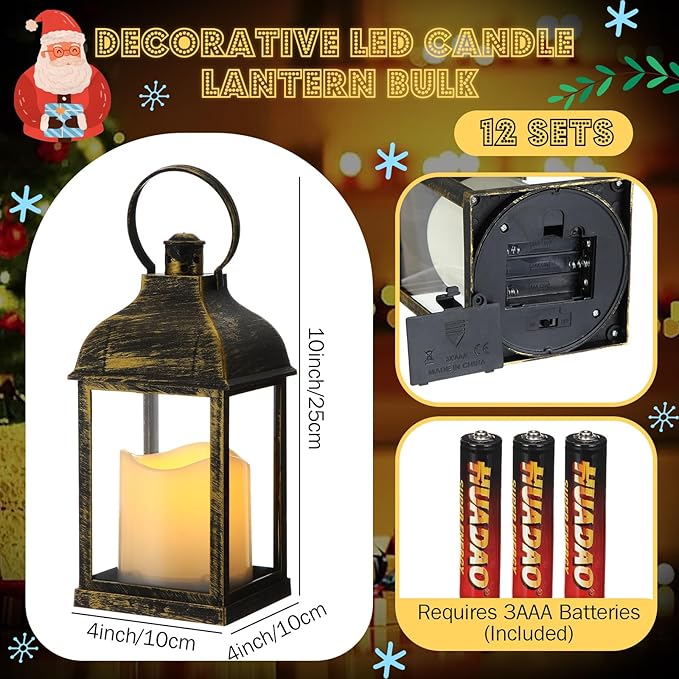 12 Set 10 Inch Bronze Decorative Candle Lanterns Bulk Lanterns Centerpiece with LED Flameless Candle Indoor Outdoor Battery Powered Hanging Lights for Wedding Father Day Party Decoration