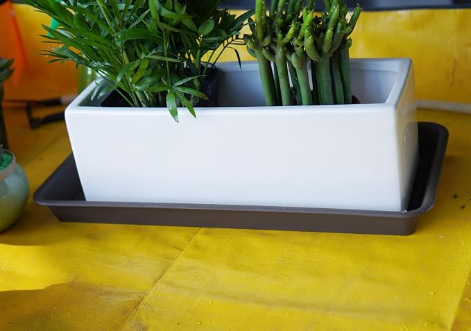 VUWEZ 6 Pack of Plastic Plant Tray Saucer Rectangular 14 inch, Plant Trays Saucers for Indoors Outdoor, Plant Water Drip Tray for Flower Pot Planter, Windowsill Plant Tray (6.8 X 14.5'', Brown)