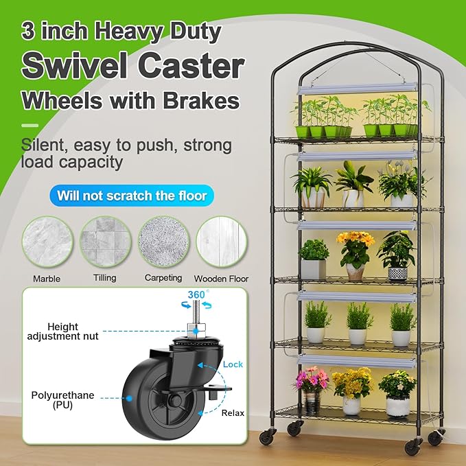 5-Tier Greenhouse with Grow Light, Shelf Height Adjustable Metal Plant Shelf with PVC Cover and Wheels, Includes 5-Pack 2900K Full Spectrum Plant Lights, 13x29x73inch
