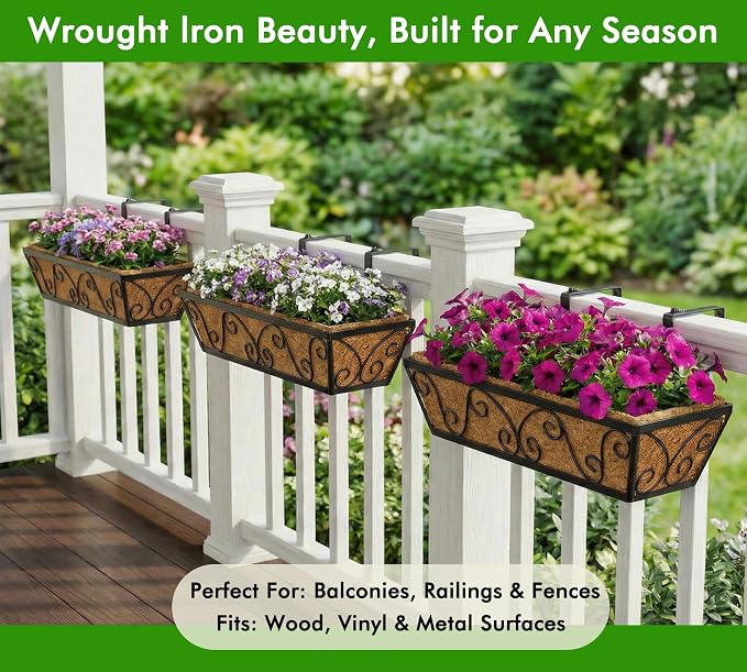 Y&M 24 Inch Window Deck with Coco Liner, Fence Metal Hanging Flower Planter Window Basket Deck Railing Planter Boxes for Outdoor Garden Lawn-Butterfly, 2pcs