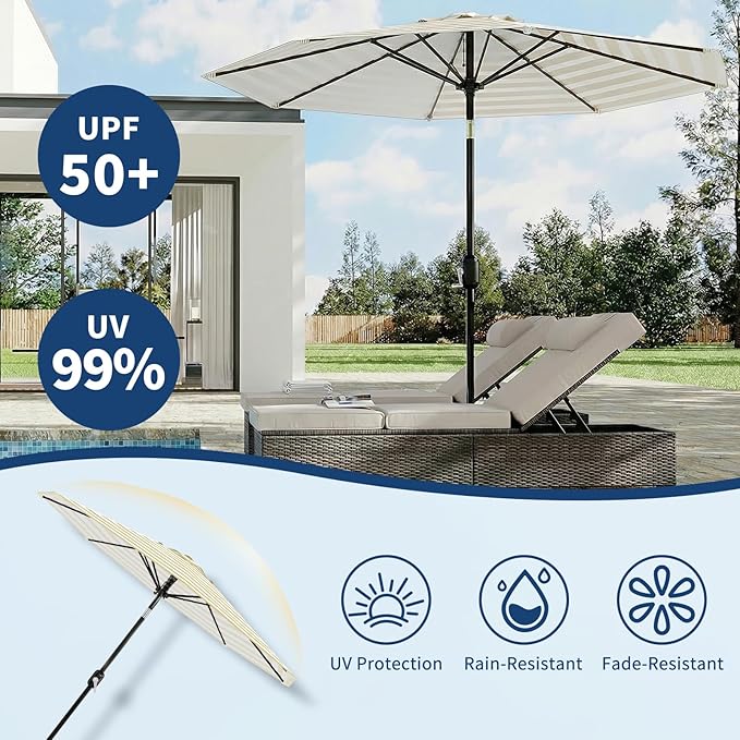 GarveeLife 9FT Patio Umbrella Outdoor, Table Umbrella with Push Button Tilt and Crank, 8 Sturdy Ribs UV Protection Waterproof for Garden, Pool, Market, Deck (Brown & White Stripe)