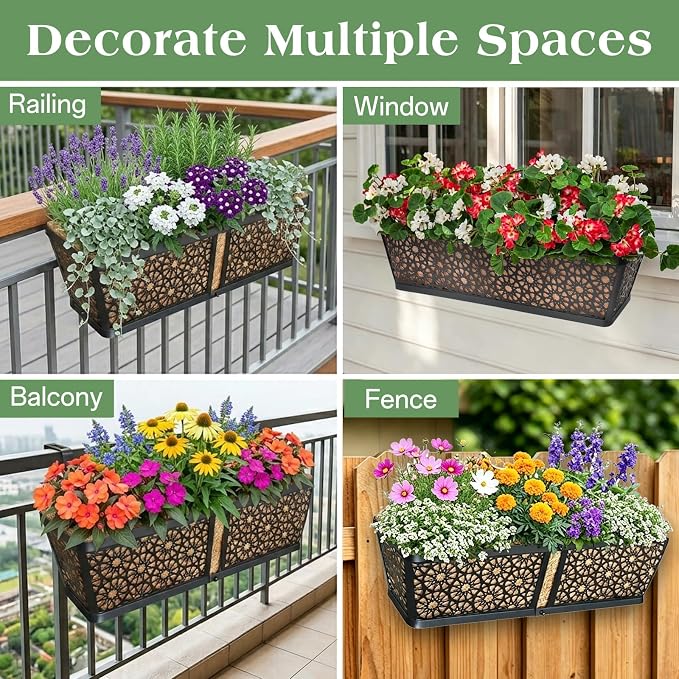ZeeDix 3 Pack Metal Window Box for Railings, 24 Inch Over Railing Planter Boxes with Coco Liners, Hanging Flower Box Planters for Outdoor Fence Deck Porch Balcony & Patio