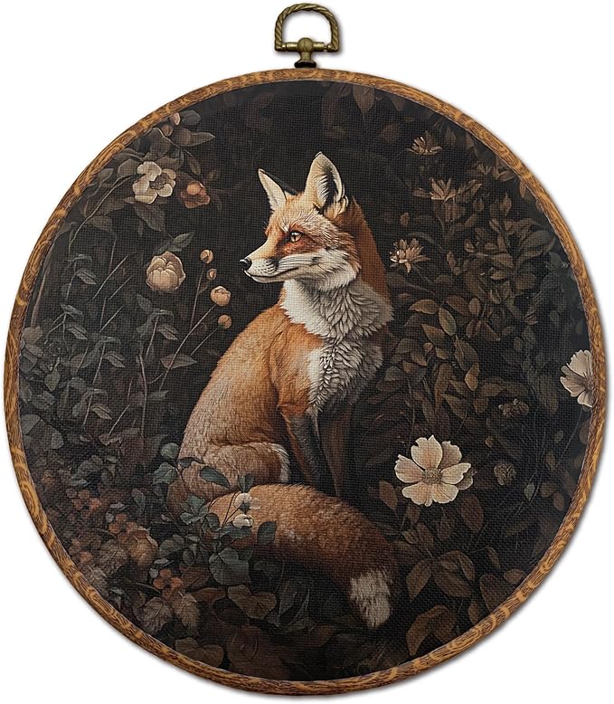 DOFQZ Vintage Boho Floral Fox Round Wall Art Decor, Mystical Forest Fox Botanical Framed Wall Art, Dark Cottagecore Wildlife Canvas Wall Hanging Decor for Home Bedroom Living Room, 10x10
