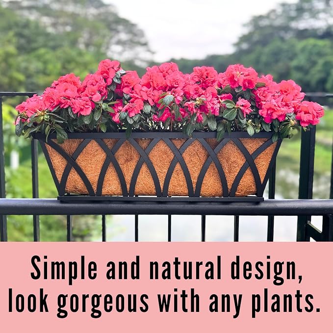 LaLaGreen Wall Planters (4 Pack, 24 Inch) Large Fence Planters for Outdoor Plants with Coco Liner Metal Deck Railing Flower Basket Window Box Attach House Outside Horse Trough Porch Balcony Garden