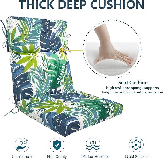 DYTXIII Outdoor High Back Chair Cushions Set of 2, 44"x22" Water Repellent Patio Seat Cushions with Elastic Sponge, All Weather Chair Pads for Rocking, Dining, Patio Furniture - Islamorada Blue Green