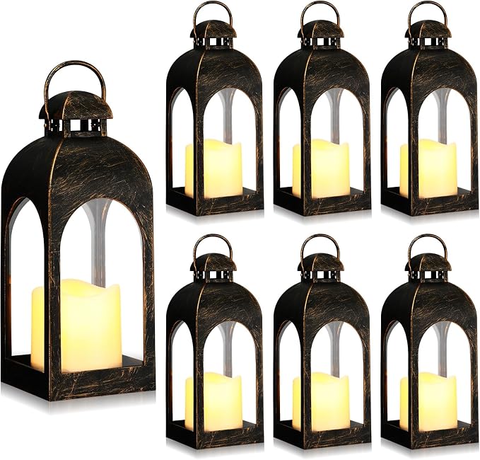 Tujoe 6 Pcs 10 Inch Decorative Candle Lantern Bulk for Wedding Centerpieces Lanterns with LED Flameless Candle Indoor Outdoor Hanging Lights for Wedding Party, Battery Included (Dark Bronze)
