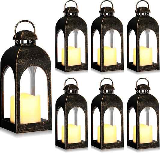 Tujoe 6 Pcs 10 Inch Decorative Candle Lantern Bulk for Wedding Centerpieces Lanterns with LED Flameless Candle Indoor Outdoor Hanging Lights for Wedding Party, Battery Included (Dark Bronze)