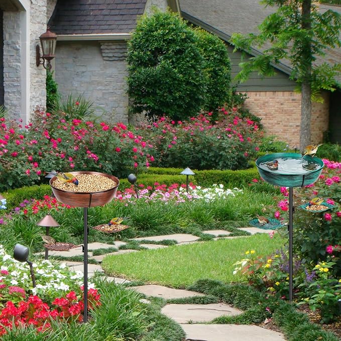 Metal Bird Bath for Outdoor 2 Pack- Garden Bird Bath with Removable Bowl Heavy-Duty Base, Winter Birdbath Feeder Rust-Proof Birdbaths for Garden Yard Lawn Decor, Easy to Install(Bronze&Green)