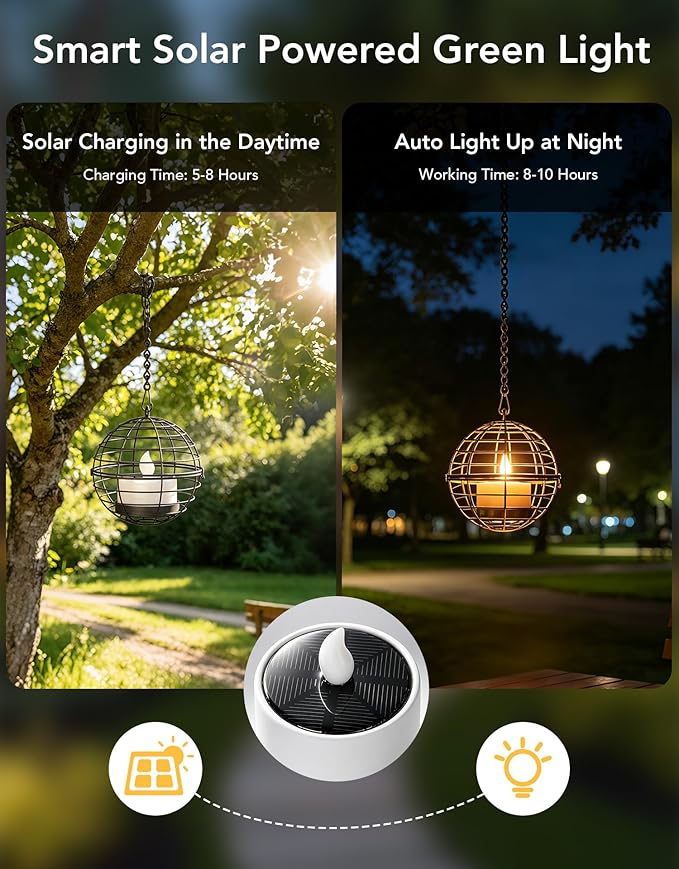Large Solar Lights Outdoor Hanging Lanterns 12 Pack, Rustic Iron 4.3" Ball Solar Tea Lights with Flickering Flame Candle, Waterproof Hanging Lights for Backyard Patio Garden Fence Tree Pergola Décor