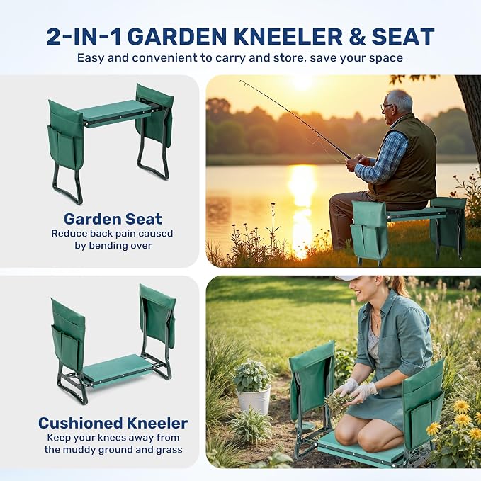 Healsmart Garden Kneeler and Seat, Foldable Kneeling Bench with Sturdy Soft EVA Foam Pad for Gardening, Camping, Fishing, 2 Tool Pouches Included, Green