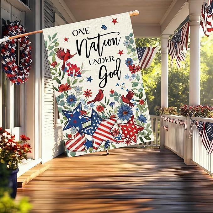 Baccessor 4th of July Cardinal House Flag 28 x 40 Inch Double Sided Burlap,the One Nation Under God Patriotic Memorial Day American Summer Yard Holiday Seasonal Outdoor Outside Decoration