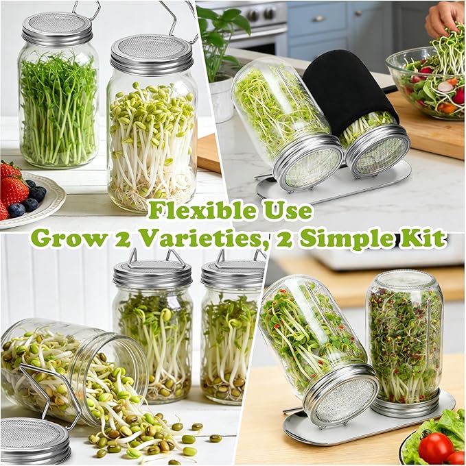 Palksky Sprouting Lids for Regular Mouth Mason Jars, 2Pack Reusable Stainless Steel Screen Bean Sprouts Growing Lid for Organic Alfalfa Broccoli Seeds Mung Bean Plant Germination Kits
