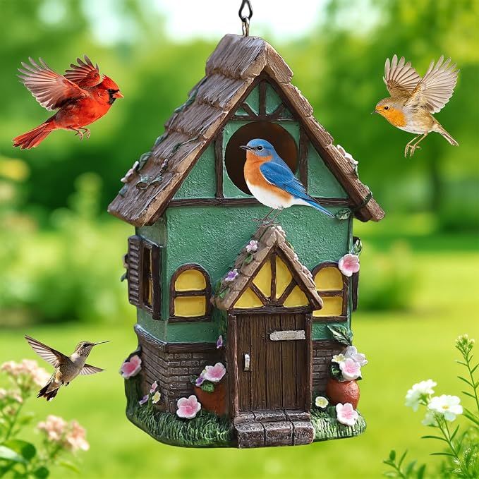Bird Houses for Outside Rustic Cottage Thatch Roof Birdhouse with Flowers – Hand-Painted Resin Birdhouses for Outdoors for Bluebird Finches Cardinals Bird Nesting Garden, Patio, Yard