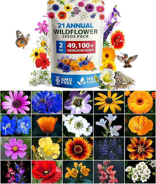 HOME GROWN USA Native Wildflower Seeds Bulk Mix | 49,100+ Non-GMO Annual Flower Seed for Planting | 21 Varieties for Bee & Butterfly Garden Pack | 2 oz