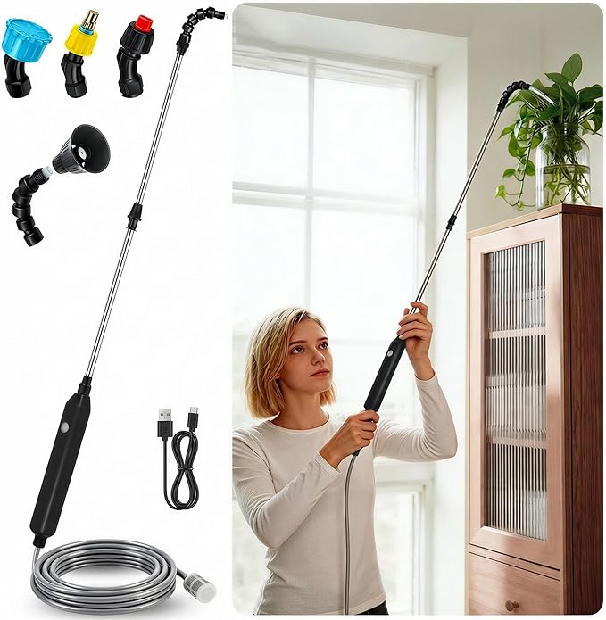 Electric High Reach Plant Waterer - Type C Wireless Hanging Plant Waterer, Battery Powered Sprayer Wand with Stainless Steel Telescopic (30.6"-44.2"), Indoor Watering Devices