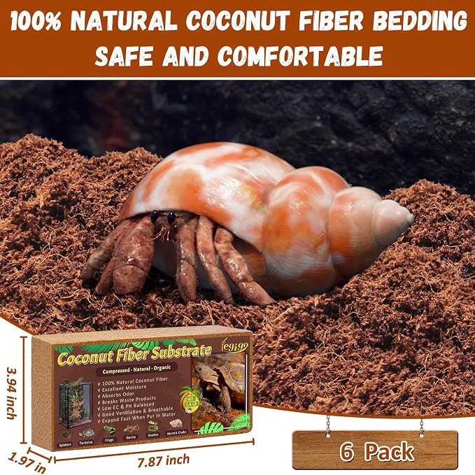 Legigo 6 Pack Coconut Fiber Substrate, Natural Coco Coir Bedding for Reptiles Turtles, Tortoises, Snake, Hermit Crab, Gecko, Lizard, Bioactive Terrarium Soil for Humidity Control and Plant Substrate