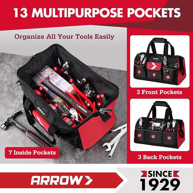 ARROW 16" Tool Bag Organizer with Anti-Slip Feet, Tool Bags for Men Heavy Duty, Wide Open Mouth, Large Capacity with 13 Pockets, Portable Toolbag for Electrician Mechanic Plumber HVAC