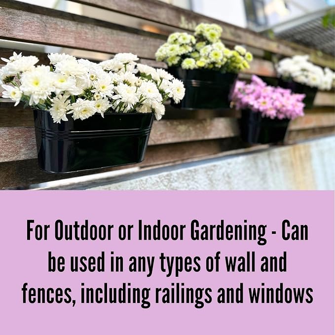 LaLaGreen Outdoor Plants Rail Planter (11.2 Inch, 8 Pack) Black Metal Iron Hanging Flower Pots Deck Railings Fence Buckets Modern Garden Boho Style Wall Mount Window Box Plant Holder Hooks Porch Decor