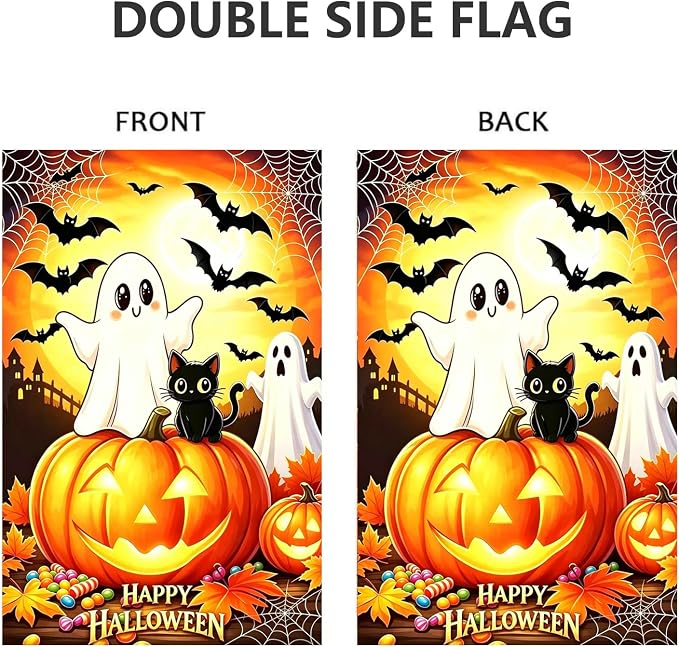 Large Halloween Garden Flags for Outside 28 x 40 Double Sided, Burlap Halloween House Flag, Large Outdoor Yard Flags Ghost Black Cat Decorations for Farmhouse Patio Front Door Porch Garden Décor
