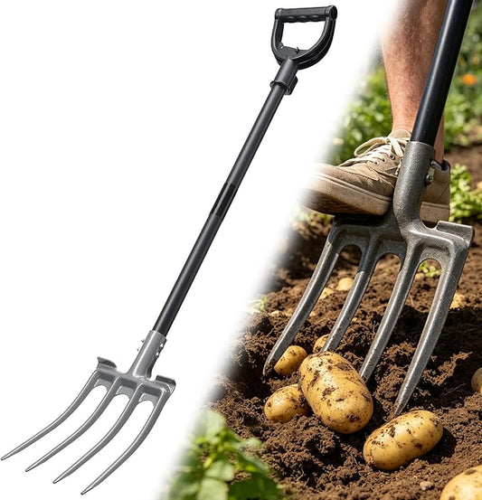 Pitch Fork, Metal Broadfork Garden Tool Long Handle, 4 Tine Mulch Hay Manure Digging Bedding Hay Potato Garden Fork Shovel for Gardening Loosening Soil Compost