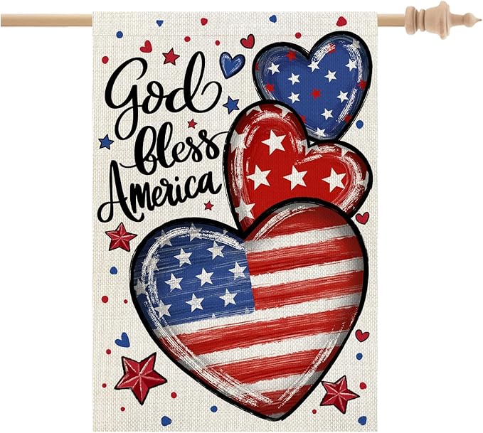 CROWNED BEAUTY 4th of July Patriotic Hearts House Flag Large 28x40 Inch Double Sided God Bless America for Independence Day Outside Yard Decor