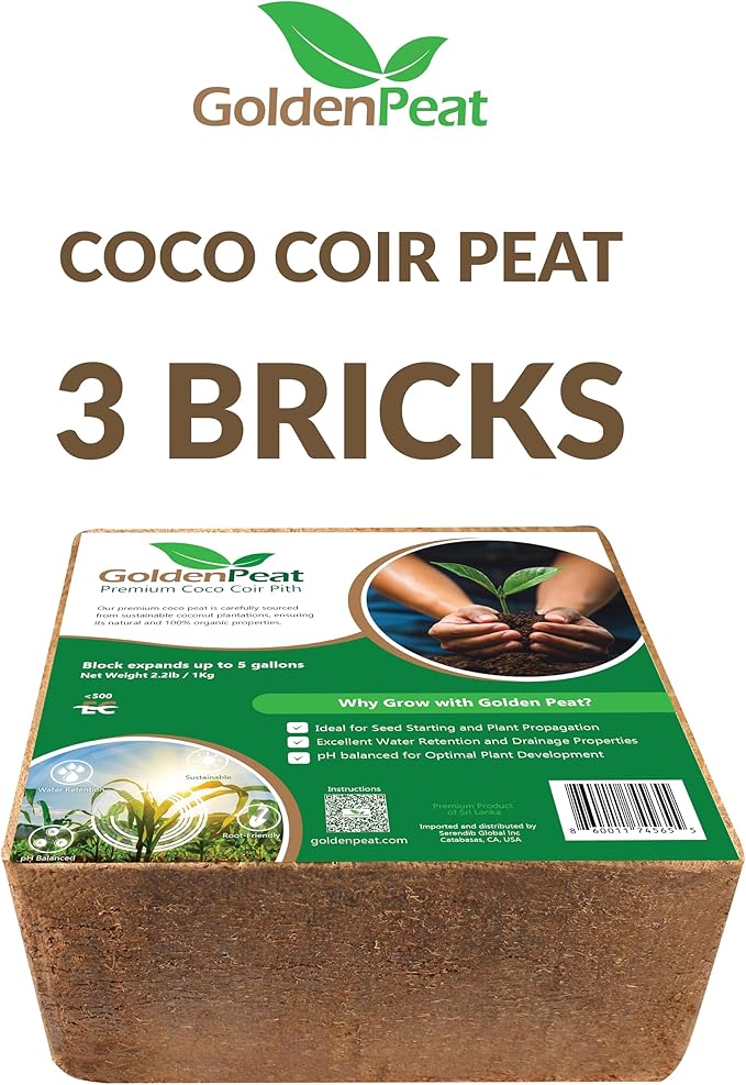 Organic coco pith block (3x1 kg Blocks) - Low EC, sustainable growing medium for gardens, pots and seed starters. Just add water to transform these compact blocks into 42L of fluffy nutrient-rich coir