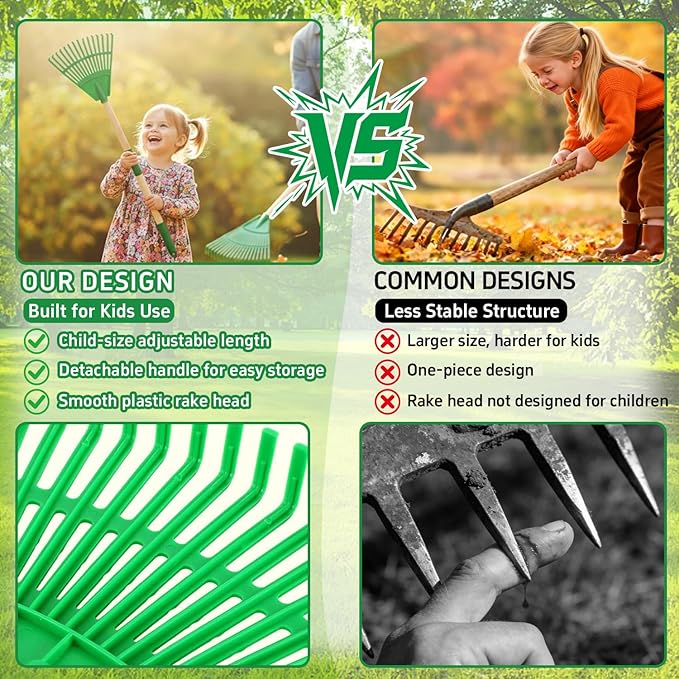 2 Pack Kids Adjustable Leaf Rake Set – 28" to 34" with Detachable Wooden Handles, Lightweight Plastic Head, Designed for Kids, Includes 2 Pairs of Gloves & Leaf Bag (Green)