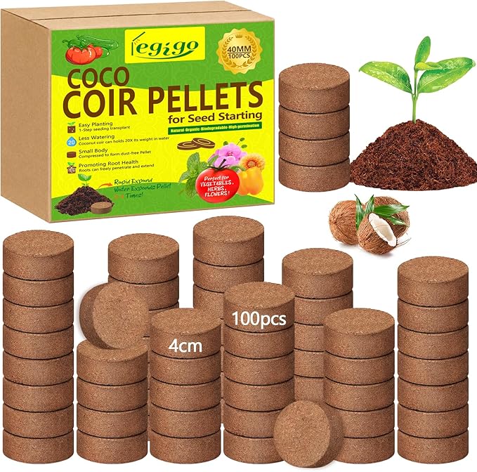 Legigo 100 Pcs 40mm Coco Coir Pellets Seed Starter Soil Mix- Organic Coconut Coir Potting Soil Pods for Seedling, Coco Peat Soil Discs for Indoor & Outdoor Plants Bonsai Herbs Vegetables and Flowers