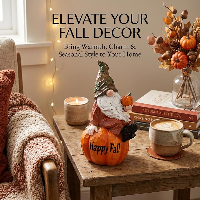Topadorn Fall Garden Gnome Figurine Sitting on Pumpkin Statue Autumn Harvest Garden Gnomes Statue Figurine for Patio Yard Lawn Porch Decoration, Happy Fall