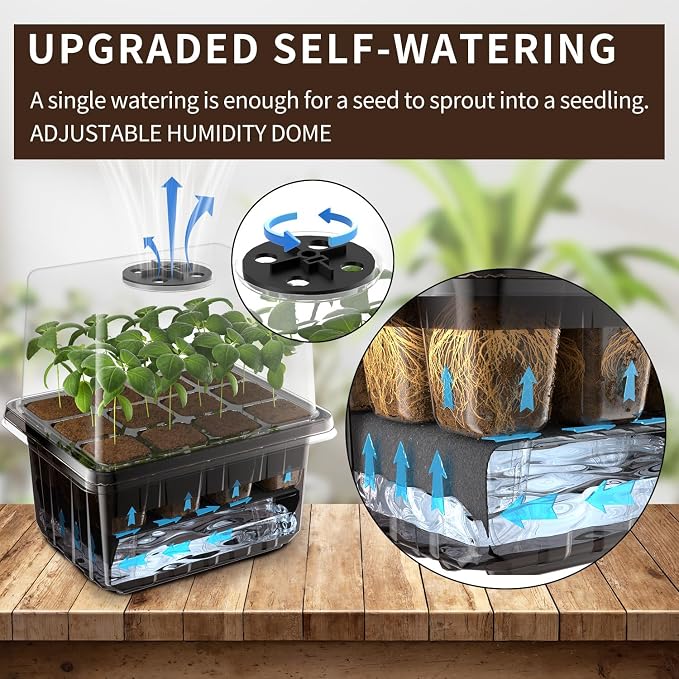 Seed Starter Trays Self-Watering - Kit with Humidity Dome, 5-Pack 60-Cell Plant Seedling Tray,Reusable Germination Trays for Indoor Gardening Seeds Growing Starting