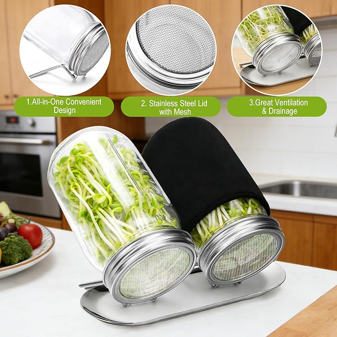 Palksky Sprouting Kit with Stainless Steel Screen Sprouting Lids & Glass Mason Jars & Light-Blocking Sleeves, 2Pack Premium Reusable Sprouts Growing Kit for Organic Broccoli Alfalfa Seeds Bean Sprouts