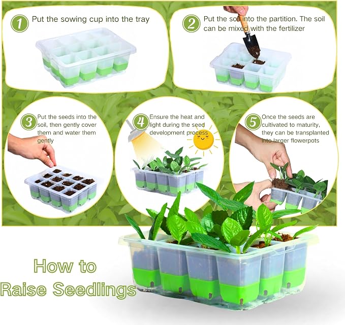 Seed Starter Tray,5-Pack Reusable Silicone Seed Starter Tray with 5 Base Trays,Foldable Design for Easy Transplanting,Indoor Gardening Supplies for Vegetables, Flowers & Herbs,60 Cells Total