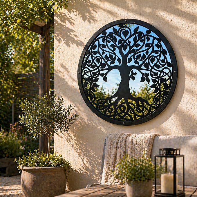 Sun Catcher Garden Decor Tree of Life Garden Mirror Range of Sizes Round Framed Mirror Outside Rust Resistant Acrylic Fixings Included Gift (42cm / 16.5 inch)