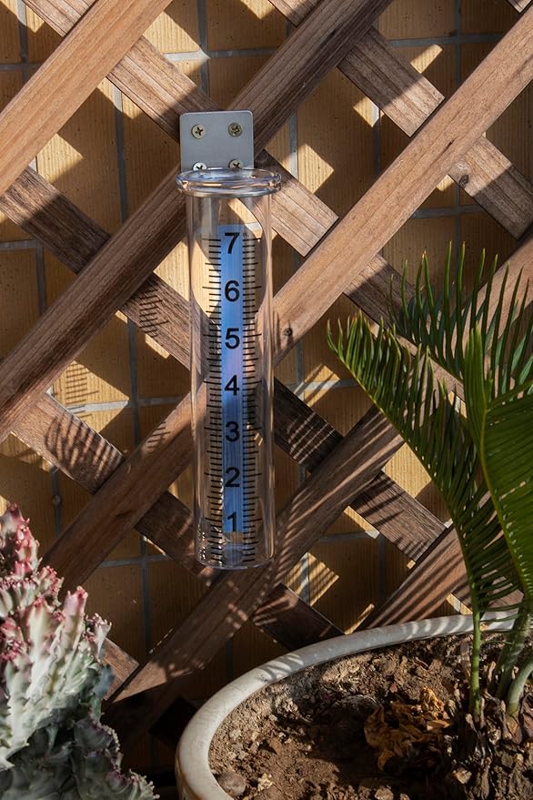 7" Capacity Rain Gauge Outdoor, Accurate Glass Tube Best Rated with Stainless Steel Mounting Rack Holder, Post Mount Rain Gauge for Yard Garden Outdoor Home (Style B)
