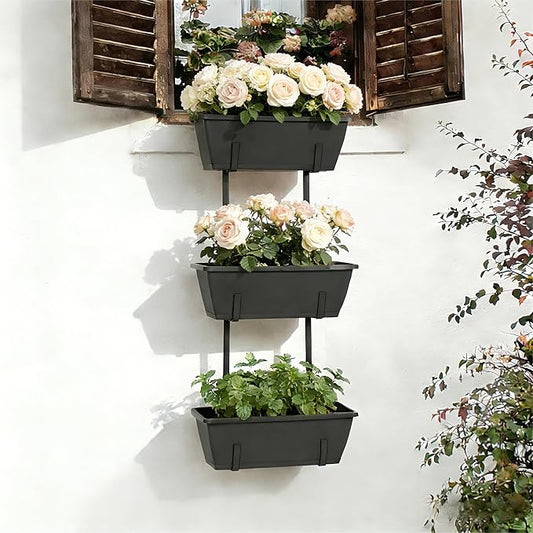 OYEAL Railing Planter Box Outdoor Deck Railing Planter Boxes Window Boxes Planters with Drainage Tray for Indoor Outdoor Garden, Patio, Home, Balcony Decor（Rustic Gray）
