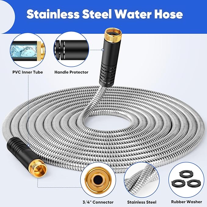 Garden Hose 50 ft, Heavy Duty Stainless Steel Metal Hose, Flexible Water Hose with 10 Function Nozzles, Kink Free, Leak-Proof, Easy to Use and Store for Outdoor, Yard, Lawn, RV, Car Wash