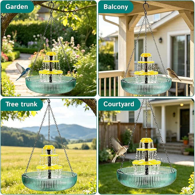 3-Tier Hanging Solar Bird Bath Fountain, Solar Pump Cascading Water Feeder with 16.4FT Cord, Large Bird Bowl for Hummingbirds Wild Birds, Outdoor Garden Patio Backyard Solar Powered Decor